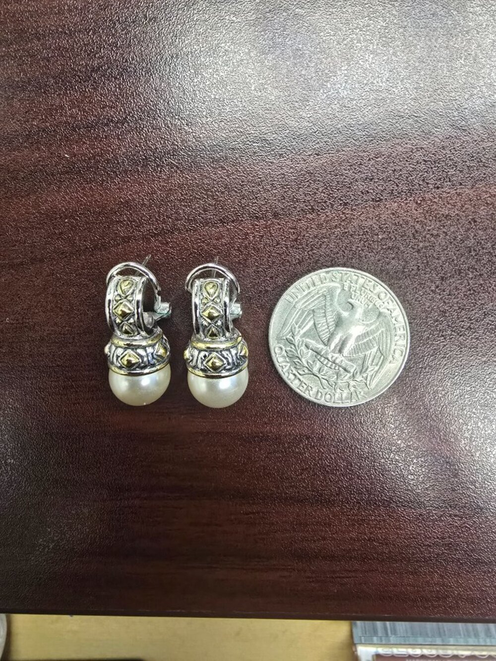 Intricate Silver and Gold Pearl Earrings - Picture 3 of 5